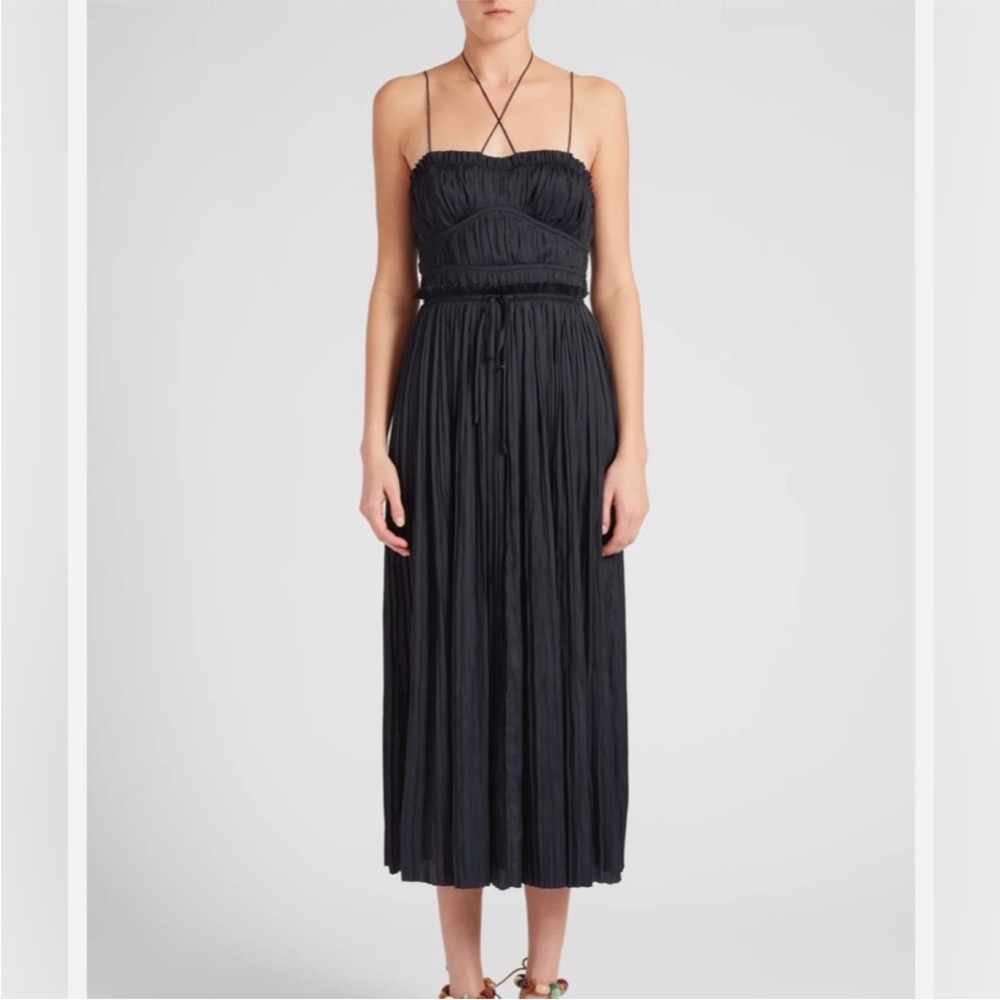 ULLA JOHNSON Naveah Pleated Halter Midi Dress Navy - Picture 3 of 9